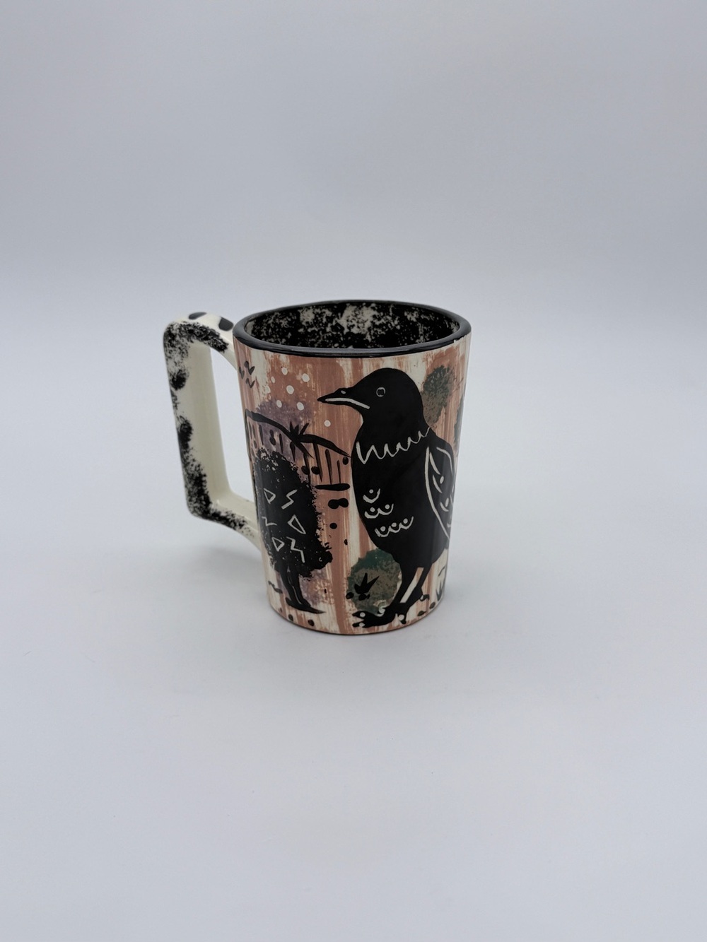 Vtg. Pacific Northwest Studio Raven Folk Art Pottery Mug Signed Soap Lake WA